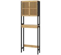 Mobile Sopra WC con Armadietto 2 Ante a Doghe e Ripiano Aperto 60x21,5x172 cm in Bambù e MDF Legno Naturale e Nero