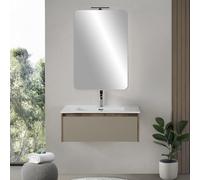 Mobile Sospeso 80 Cm In Legno Nobilitato Tabacco/Tortora Con Lavabo Specchio E 1 Cassetto Con Chiusura Soft-Close