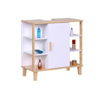 Relaxdays Mobile sottolavabo con anta, 6 ripiani HLP: 65x64x31 cm, bambù e MDF, mobile bagno, bianco/naturale