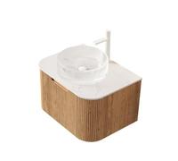 Mobile sottolavabo da parete 61 cm con lavabo in cristallo sinterizzato Carrara, fronte in legno curvo con strisce 3D e cassetto soft close, set di mobili da bagno design moderno