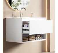 Mobile sottolavabo da parete, 76,5 cm, bianco, con sensore radar LED e lavabo in ceramica, mobiletto da bagno con 1 cassetto a chiusura rallentata e scomparto aperto, MDF resistente all'umidità