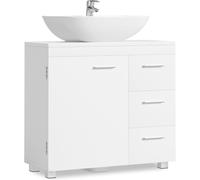 Mobile Sottolavabo per Bagno, Mobiletto da Bagno, 3 Cassetti Laterali, 2 Scomparti dietro l'Anta, per Lavabi con Colonna, con Piedini, 30 x 70 x 64 cm, Bianco Nuvola BBK504W01