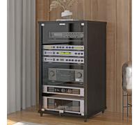 Mobile stereo, supporto audio & supporto multimediale AV per archiviazione | Mobile multimediale in legno con porte vetro temperato e ripiani regolabili, home theater moderno(Black,39.4in)
