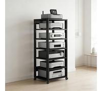 Mobile Stereo Supporto multimediale AV a 7 ripiani, Supporto a torre for giradischi, DVD e CD con ruote e ripiano in legno regolabile, for casa/ufficio/teatro(Nero)