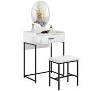 Mobile Toeletta con Specchio con Cassetto e Sgabello Imbottito in MDF Bianco