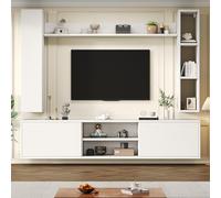 Mobile TV, 180 x 35 x 33,5 cm, set da parete con vetrine (set completo, 4 pezzi), supporto da parete con supporto e 2 mensole da parete, set di mobili da soggiorno, TV fino a 80", bianco