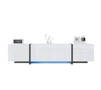 Mobile TV basso, 170 cm, bianco lucido, con gambe nere e vano portaoggetti