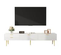 Mobile TV con cassetti e ante pieghevoli: moderno locomotiva con design a linee ondulate per effetto ombra, gestione dei cavi integrata, struttura aste, maniglie e gambe dorate (bianco)