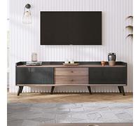 Mobile TV con due cassetti, tavolo TV, piano basso con due ante scorrevoli, struttura squisita, colore nero e legno naturale, H58/L160/T40 cm (nero+colore legno)