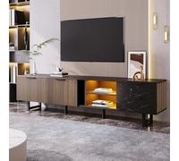 Mobile TV con finitura in marmo nero, ante con venature del legno scuro, illuminazione a LED regolabile, due ante e due cassetti, adatto per robot aspirapolvere