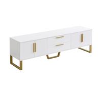 Mobile TV con finitura lucida a 4 ante e 2 cassetti, moderno mobile TV in MDF con eleganti piedini e maniglie in metallo dorato, console multimediale per soggiorno (bianco)