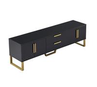 Mobile TV con finitura lucida a 4 ante e 2 cassetti, moderno mobile TV in MDF con eleganti piedini in metallo dorato e maniglie, console multimediale per soggiorno (nero)
