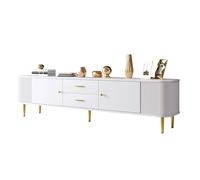 Mobile TV con struttura a linee eleganti, fronti lisci, dettagli del manico metallico, superficie in MDF stabile, porte push-to-open, sistema di cassetti, piedini per mobili dorati, design moderno
