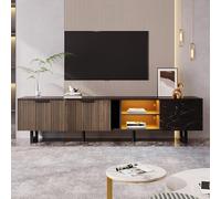 Mobile TV da 200 cm con effetto marmo nero, porte in legno scuro, illuminazione a LED regolabile, due ante e due cassetti, adatto per robot aspirapolvere