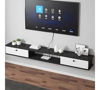 Mobile TV da parete nero con cassetti e fori per l'alimentazione elettrica, supporto TV galleggiante da 140 cm, soluzione moderna per soggiorno e camera da letto