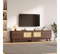 Mobile TV lungo 180 cm, effetto legno scuro con due ante in rattan, quattro cassetti, gestione dei cavi e cerniere idrauliche, adatto per TV fino a 80 pollici (Brown, 180 x 35 x 44 cm)