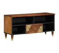 Mobile TV marrone miele in legno massello Mango 100 x 33 x 46 cm con cassetti e mensola, moderno locomotiva per soggiorno, salvaspazio, con spazio di archiviazione e gestione dei cavi, sospeso