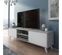 Mobile TV Moderno Con 2 Ante Battenti Ripiani Centrali Aperti Gambe Design Scandinavo Per Televisori fino a 75” 180 x 39,6 x 49 Cm Grigio Cemento E Bianco