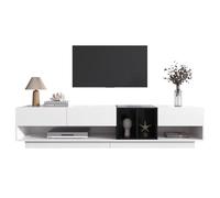 Mobile TV moderno con finitura lucida, cassetti push-to-open, scomparti aperti, frontale strutturato, linee eleganti, elementi pieghevoli, superfici a contrasto, linguaggio di forma chiaro (bianco)