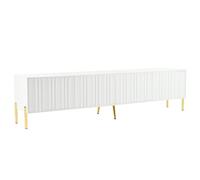 Mobile TV moderno con porte scanalate verticalmente sistema push-to-open 8 scomparti con gambe in metallo dorato, design con cerniera silenziosa, elegante mobile TV per soggiorno, console multimediale