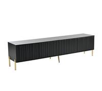Mobile TV moderno con porte scanalate verticalmente sistema push-to-open 8 scomparti con gambe in metallo dorato, design con cerniera silenziosa, elegante mobile TV per soggiorno, console multimediale