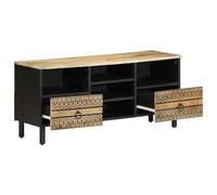 Mobile TV nero in legno di mango grezzo 100 x 33,5 x 46 cm con 2 cassetti e ripiano, robusto ripiano basso per soggiorno, moderno centro intrattenimento con spazio di archiviazione e gestione dei cavi