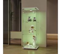 Mobile vetrina in vetro da 125 cm, 3 ripiani con LED, 1 anta con serratura, per oggetti da collezione, armadio portaoggetti in vetro a colonna per soggiorno, camera da letto, ufficio, bianco