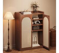 Mobile WiFi da terra con ante in rattan, contenitore multifunzione per router e modem, design ventilato con gestione ordinata dei cavi, ideale per ambienti domestici o uffici(Brown,59*25*82cm)