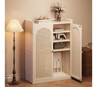 Mobile WiFi da terra con ante in rattan, contenitore multifunzione per router e modem, design ventilato con gestione ordinata dei cavi, ideale per ambienti domestici o uffici(White,59*25*97cm)