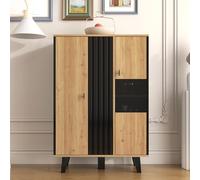 Mobiletti, credenza, vetrine con vetro e illuminazione a LED. Include laminati, una combinazione di colori nero e legno, design unico a strisce di legno nero