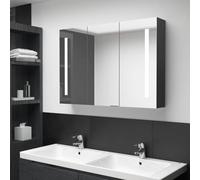 Mobiletto a Specchio LED per Il Bagno, con Tre Ante e Cinque Ripiani Interni, Pensile Bagnos Sospeso in MDF Nero Lucido con Interruttore On/Off e Porta USB, Mobile Specchio Bagno Moderno 89x14x62 cm