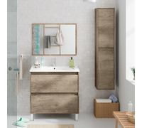 Mobile Bagno da Terra 80 cm, 2 cassetti Serie Oasi, Colore Rovere con venatura Naturale, Completo di lavabo in Ceramica e specchiera