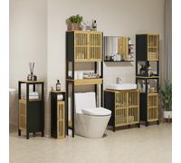 Mobiletto Bagno con Ripiano Aperto e Armadietto, in MDF e Bambù, 32x30x90.5 cm, Nero e color Legno