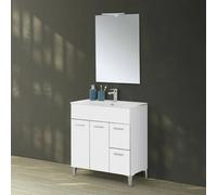 Mobile Bagno a Terra 80 cm Due Ante e Due cassetti Bianco Lucido Specchio Reversibile 62x78 cm con Lampada a LED 30 cm