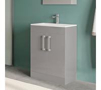 Mobiletto Bagno Da Terra Salvaspazio Da 60 Cm In Legno MDF Grigio Lucido Linea Poket Con 2 Ante Dalla Chiusura Soft-Close E Ripiano Interno, Completo Di Lavabo