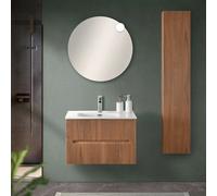 Mobile Bagno sospeso cannettato 70 cm Noce Canaletto con 2 cassetti Soft-Close, lavabo in Ceramica e Specchio Tondo a Filo 70 cm, Bali