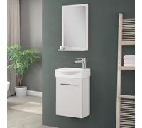 Mobiletto Bagno Sospeso Mini Salvaspazio Da 39 Cm In Legno Nobilitato Bianco Linea Elys Con 1 Anta Dalla Chiusura Soft-Close, Completo Di Specchio Con Mensola E Lavabo