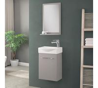 Mobiletto Bagno Sospeso Mini Salvaspazio Da 39 Cm In Legno Nobilitato Grigio Linea Elys Con 1 Anta Dalla Chiusura Soft-Close, Completo Di Specchio Con Mensola E Lavabo