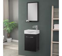 Mobiletto Bagno Sospeso Mini Salvaspazio Da 39 Cm In Legno Nobilitato Nero Linea Elys Con 1 Anta Dalla Chiusura Soft-Close, Completo Di Specchio Con Mensola E Lavabo