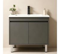 Mobiletto Da Bagno a Terra, Lavabo Integrato in Ceramica, Mobiletto Indipendente Moderno, Ampio Spazio Di Archiviazione, Mobiletto Legno Massello(Gray,59cm/23.2in)