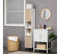 kleankin Armadio Alto Bagno Colonna Ausiliare Bagno con 2 Porte e 6 Ripiani per Doccia WC Camera da letto Stile Moderno 30 x 31,5 x 169 cm Bianco e Rovere