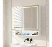 Mobiletto da bagno con specchio a LED BALCONERA con illuminazione e 3 ante, mobiletto da parete bianco con prese, 80x15x75 cm Elegante e multifunzionale: questo mobiletto con specchio da bagno con ill