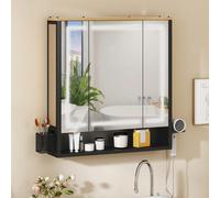 Mobiletto da bagno con specchio e illuminazione, 3 ante, specchio da bagno a LED, prese, mobiletto da bagno a parete, specchio da bagno, 70L x 15P x 75A cm, marrone e nero Design pratico con prese: gr