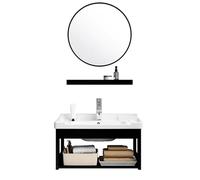 Mobiletto Da Bagno Con Specchio Lavabo In Ceramica, Mensola Portaoggetti E Rubinetto Lavabo Compatto A Parete Con Mensola Struttura In Metallo Nero Per Piccoli Bagni O Bagni Di Servizio(43x35x42cm)