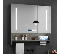 Mobiletto da bagno moderno con specchio LED e specchio per il trucco antiappannamento, interruttore touch, display della temperatura e del tempo, portasciugamani e portacarta (grigio, 60 * 13 70 cm)