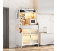 Mobiletto Da Cucina Bianco, Supporto Per Microonde A 4 Ripiani Con Pannello Forato E Anta A Ribalta, Versatile Scaffale Da Cucina Con 8 Ganci Per Organizzare Cucina, Garage E Dispensa, Bianco, Lunghe