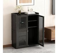 Mobiletto di archiviazione multimediale a doppio strato con design traforato, con router WiFi, presa di corrente e ripiano nascosto per la gestione dei cavi, adatto per studi domestici