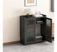 Mobiletto di archiviazione multimediale a doppio strato con design traforato, con router WiFi, presa di corrente e ripiano nascosto per la gestione dei cavi, adatto per studi domestici