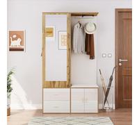 Mobiletto entrée moderno con specchio, scarpiera, scarpiera con gancio e asta appendiabiti allungabile, 100 x 38 x 180 cm (bianco e legno)