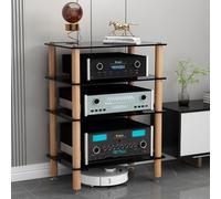 Mobiletto per archiviazione multimediale con ripiani in vetro temperato e gambe in legno massello, design ammortizzante per componenti HiFi